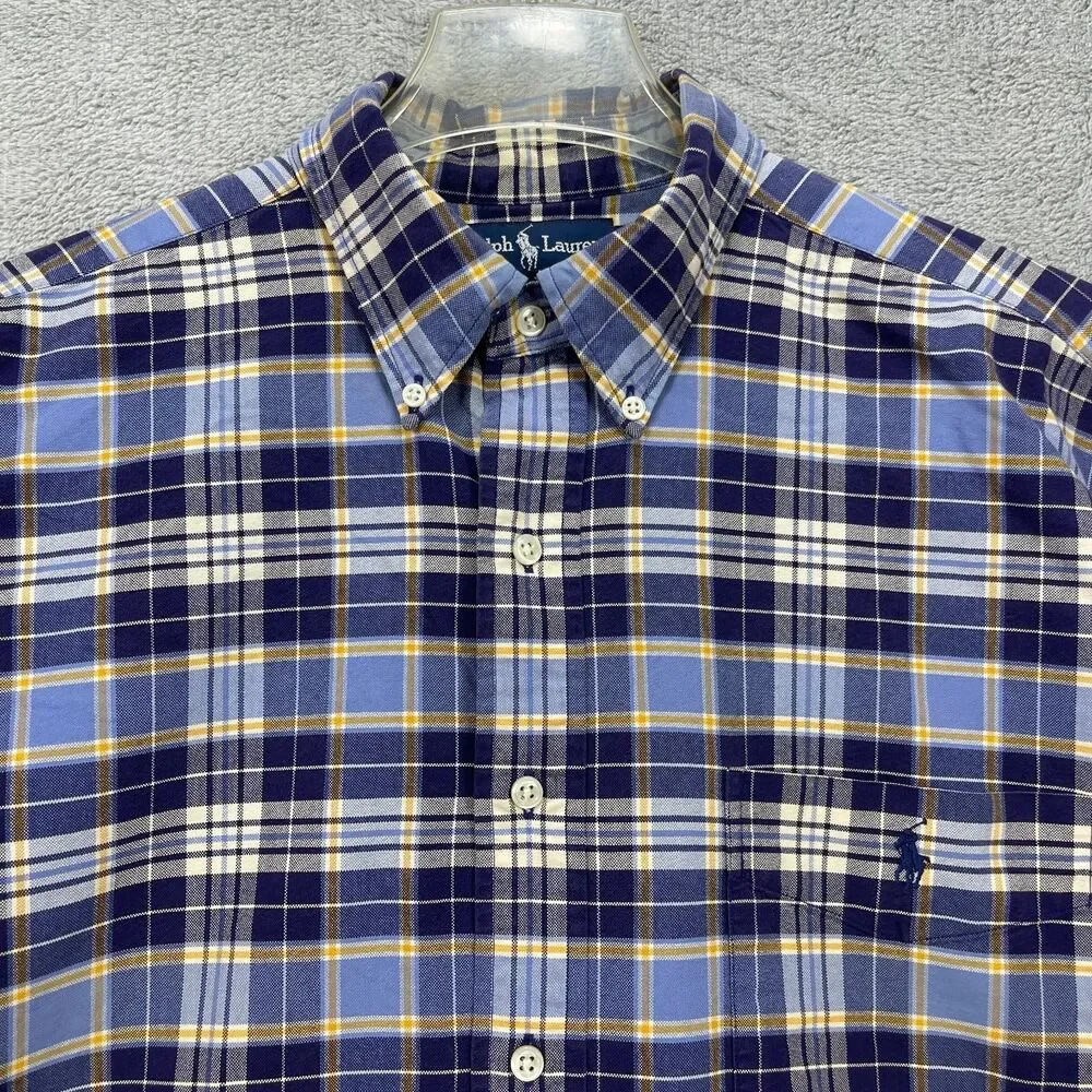 Ralph Lauren Big Shirt Mens Large Blue Plaid Cotton Pony Logo Button-Down‎